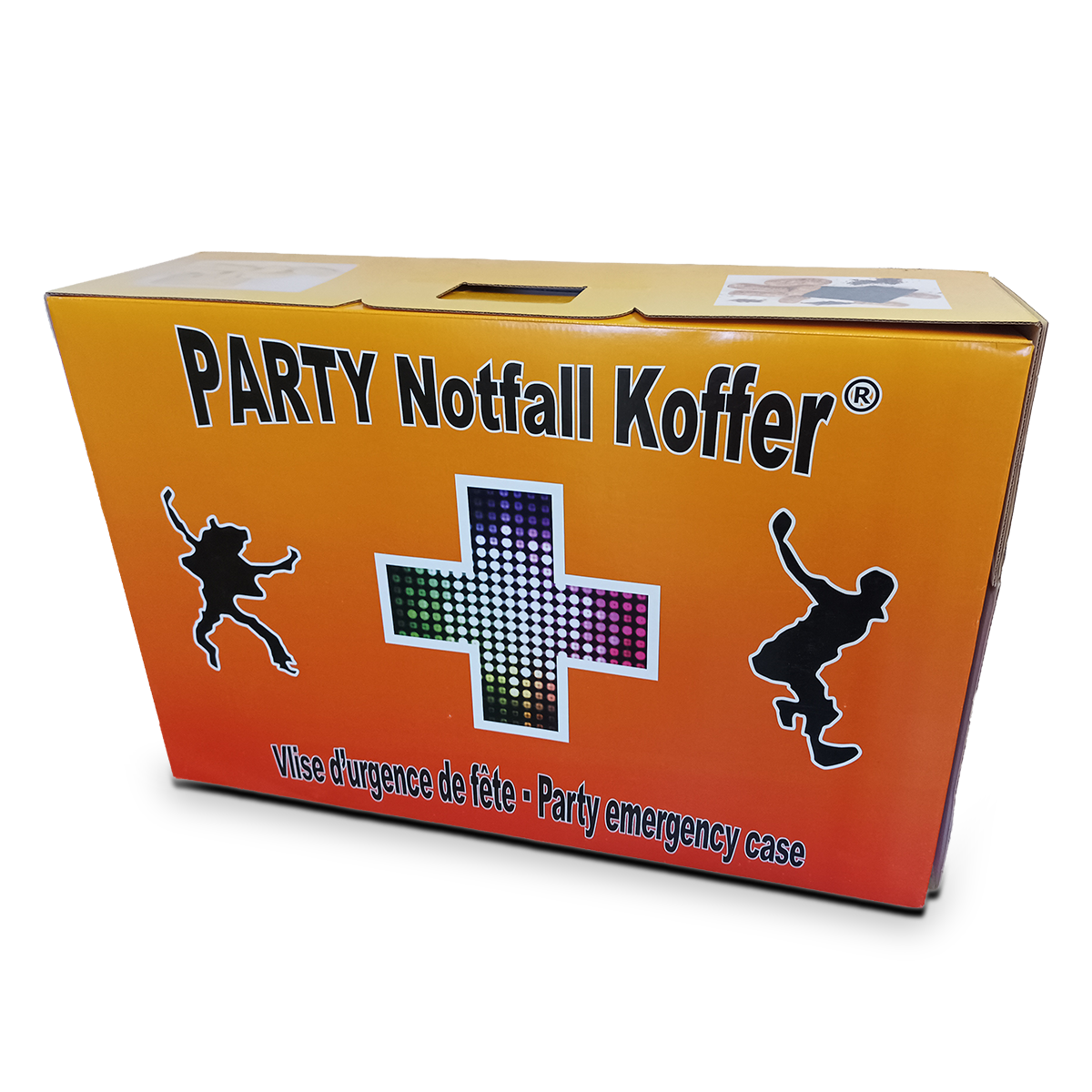Fotografie eines orangenen Party Notfall Koffers – Koffer für Snacks